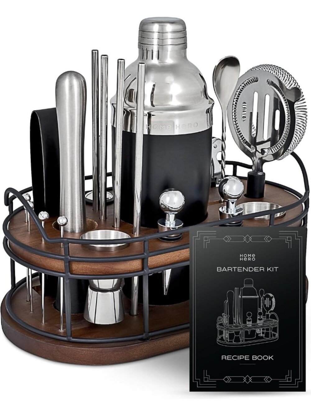 22-Piece Cocktail Shaker Set with Wooden Stand & Recipe Book - Bar Tools